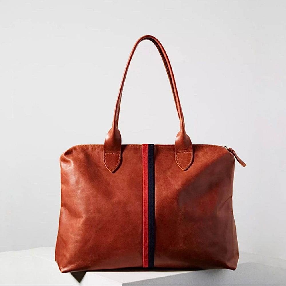 Clare V Brown Leather Tote with Red Stripe